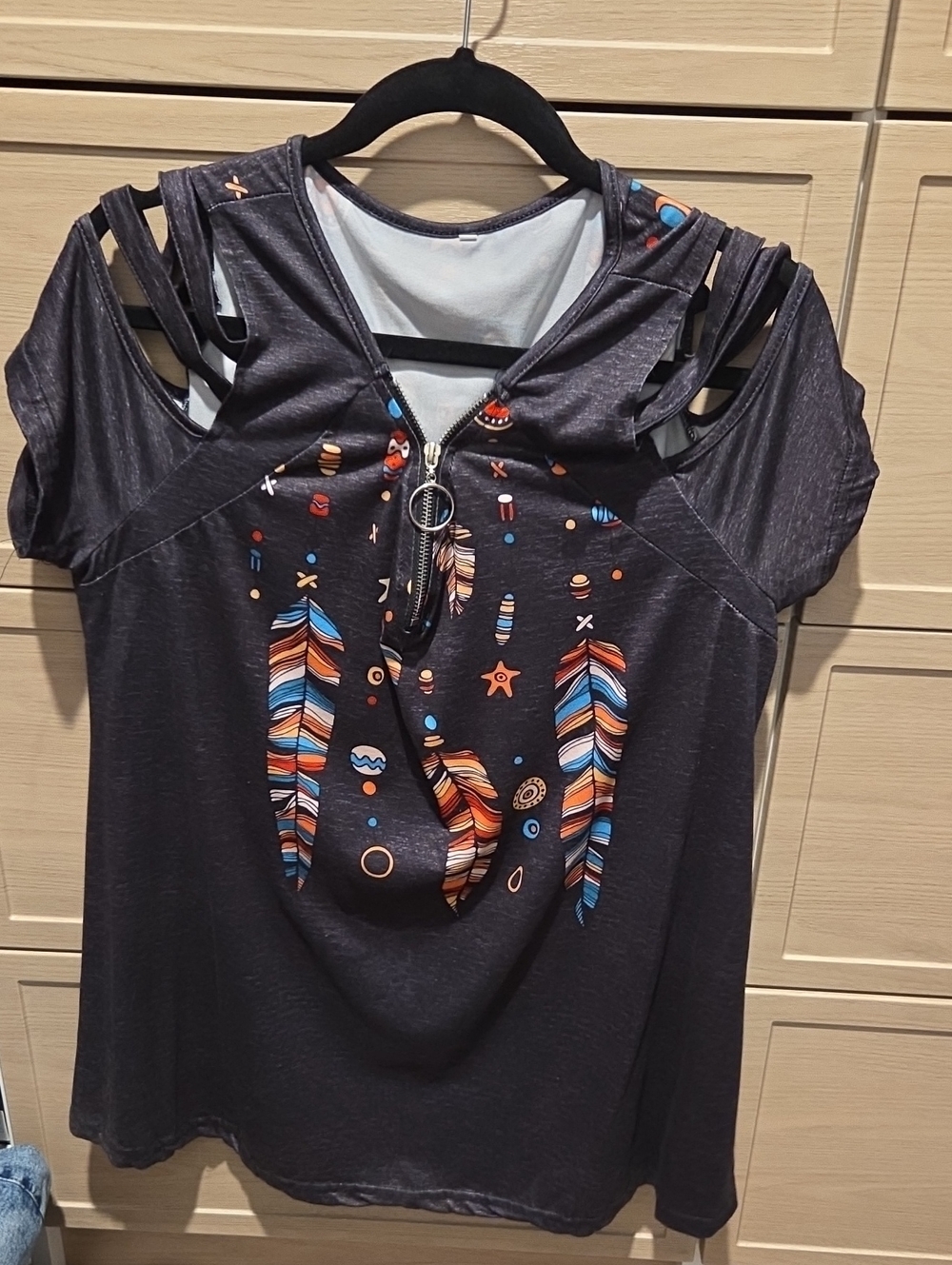 Women's Black Feather Graphic Cold-Shoulder Top with Zip Detail